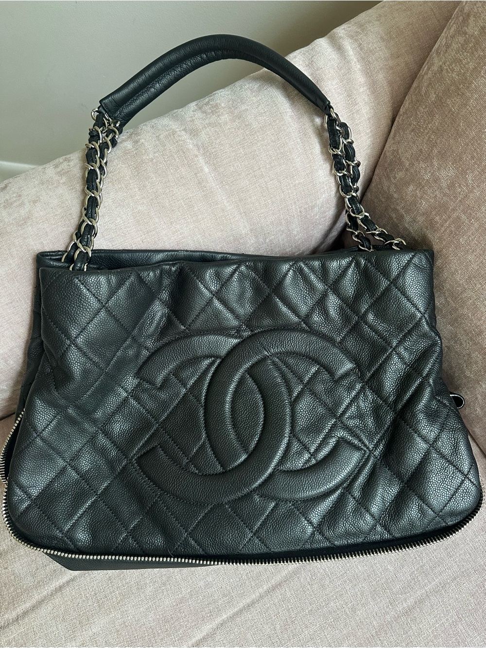 CHANEL Black Quilted Caviar Leather Timeless Expandable Tote Vintage Rare